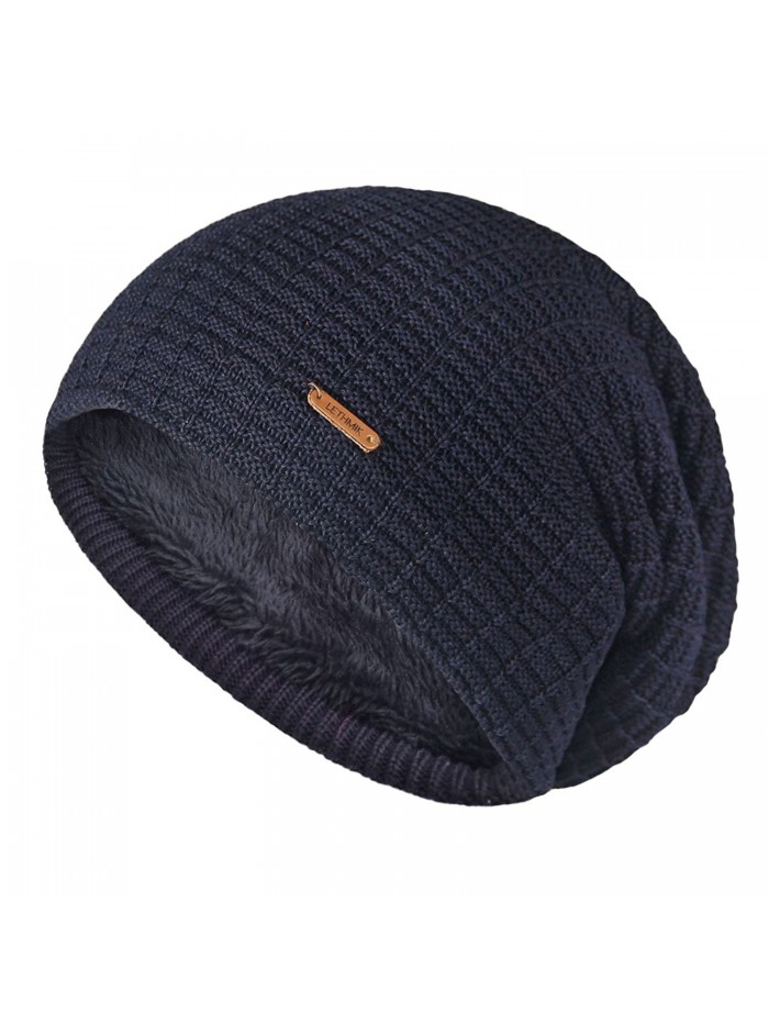 lethmik Winter Long Slouchy Beanie Unique Mix Knit Ski Cap Hat Skully For Men & Women - Plain Navy - C8186HG8I2U