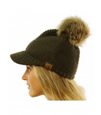 CC Fur Pom Pom Visor Bill UV Sun Thick Stretchy Knit Beanie Skully Cap Hat - Olive - CP12KAN19OD