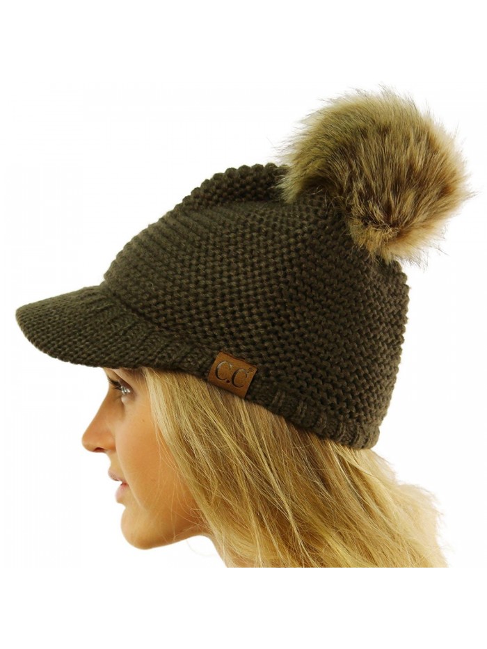 CC Fur Pom Pom Visor Bill UV Sun Thick Stretchy Knit Beanie Skully Cap Hat - Olive - CP12KAN19OD