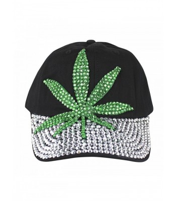 Marijuana Leaf Rhinestone Cap Black in Women's Baseball Caps