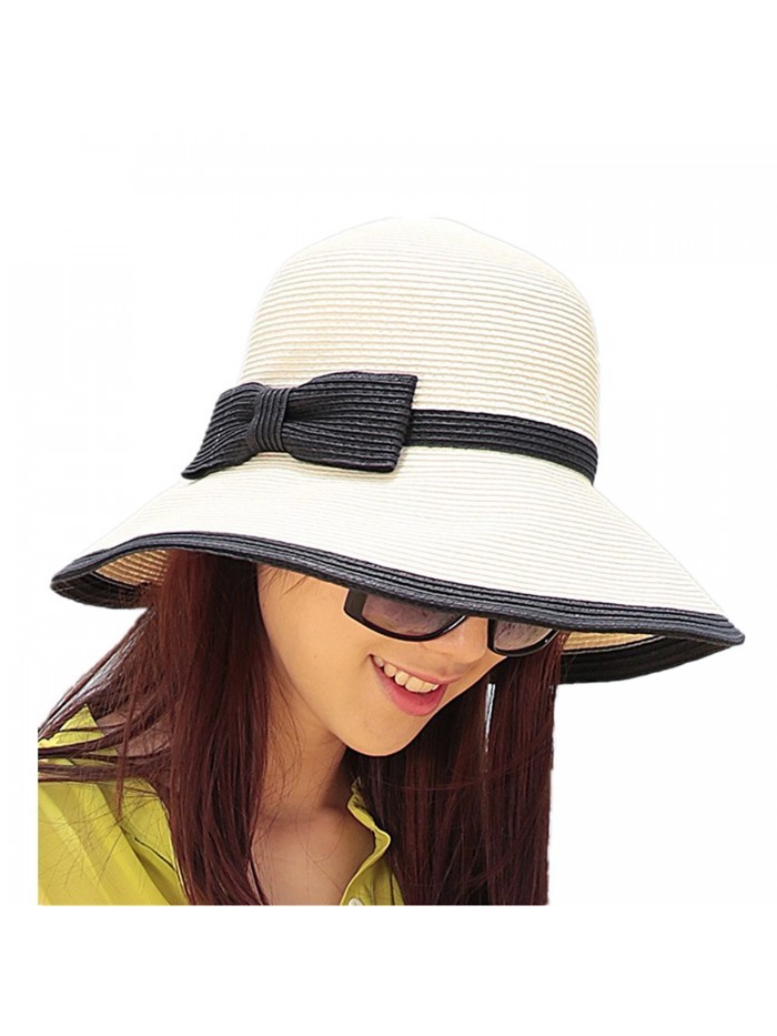 Home Prefer Womens Straw Sun Hat UPF50+ Wide Brim Floppy Hat Summer Beach Cap - Ivory+black - C512DDWYR8J