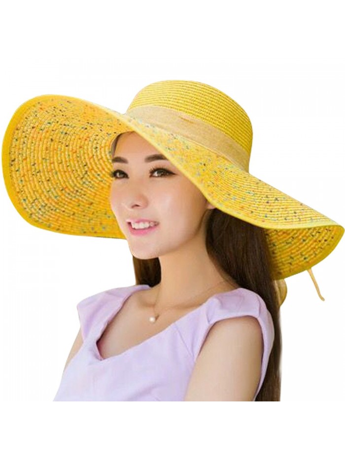 JOYEBUY Women Big Bowknot Straw Hat Floppy Foldable Roll up UV Protection Beach Cap Sun Hat - Sequins-yellow - CO18C0YSIAQ