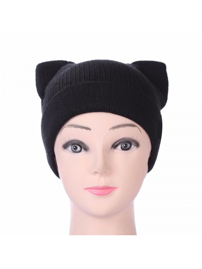 Iuhan Womens Fashion Cat Ears Beanie Knitting Wool Winter Warm Cap Thick Curling Hat - Black - CY1872RUZ69