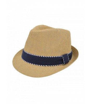 Premium Classic Fedora Straw Hat with Navy Striped Trim Band - Diff Colors Avail - Tan - CO12C74BPXJ