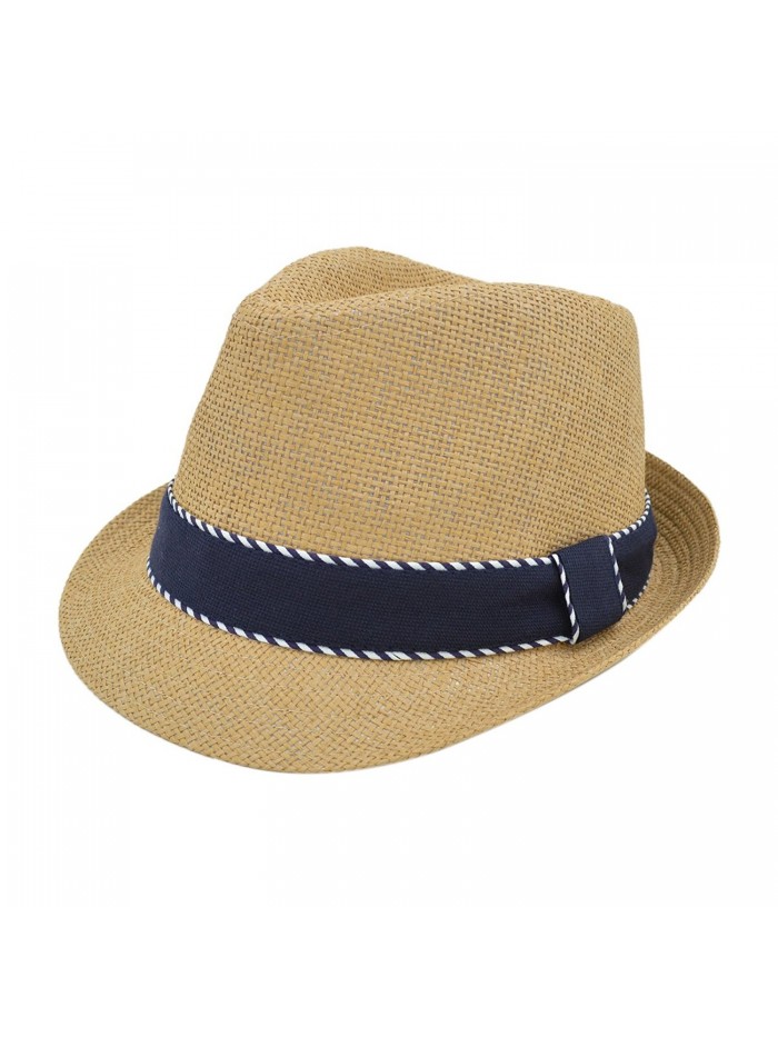 Premium Classic Fedora Straw Hat with Navy Striped Trim Band - Diff Colors Avail - Tan - CO12C74BPXJ