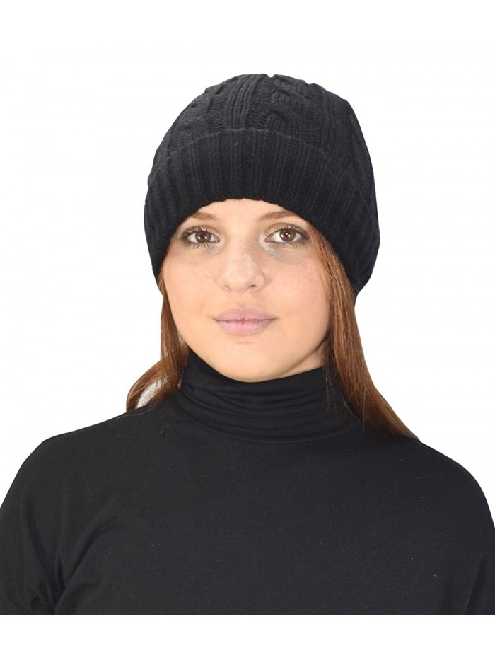 Peach Couture Double Layer Fleece Lined Unisex Cable knit Winter Beanie Hat Cap - Black - CB12N6IQVPY