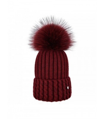 SOMALER Winter Fur Pom Pom Beanie For Women Real Fox Fur Knit Beanies For Girls Cuff Hat - Burgundy - CI186GNK60T