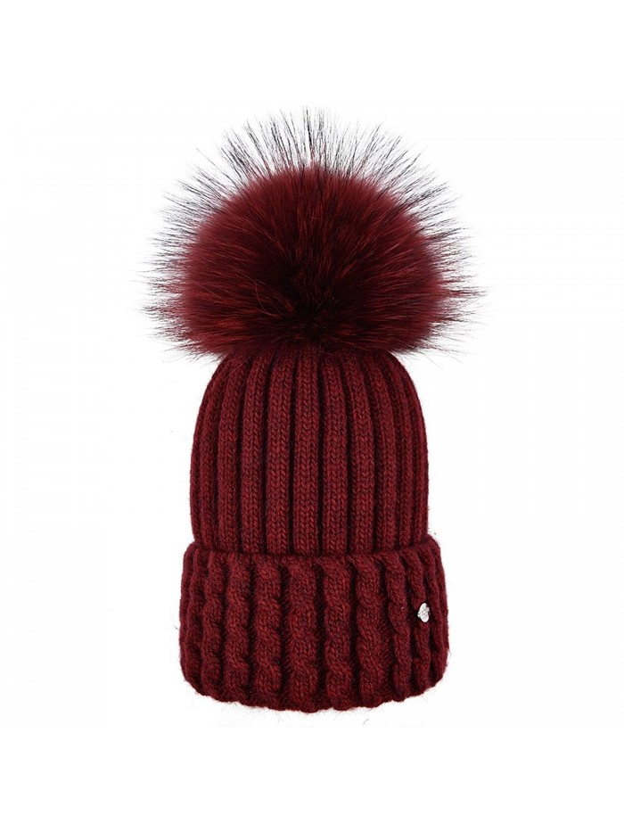 SOMALER Winter Fur Pom Pom Beanie For Women Real Fox Fur Knit Beanies For Girls Cuff Hat - Burgundy - CI186GNK60T