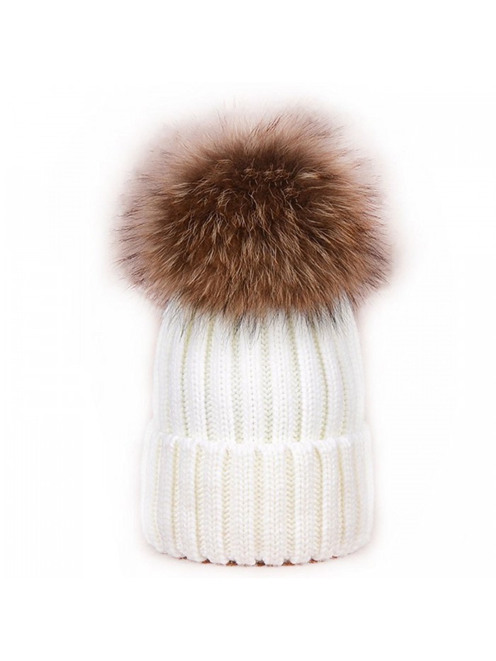 ALL IN ONE CART Women's Winter Soft Knitted Beanie Hat With Faux Fur Pom Pom - White - CV12N78U04X