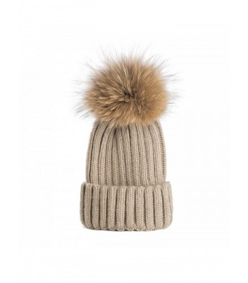 Dikoaina Winter Fur Hat Real Large Raccoon Fur Pom Pom Beanie Hats - Khaki - CE1860T7K04