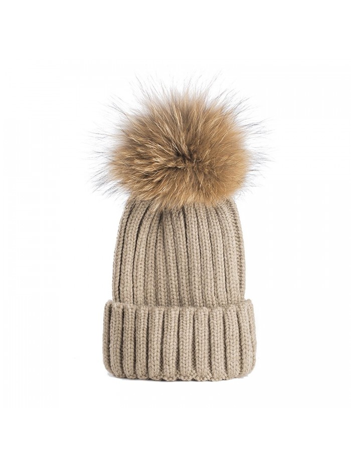 Dikoaina Winter Fur Hat Real Large Raccoon Fur Pom Pom Beanie Hats - Khaki - CE1860T7K04