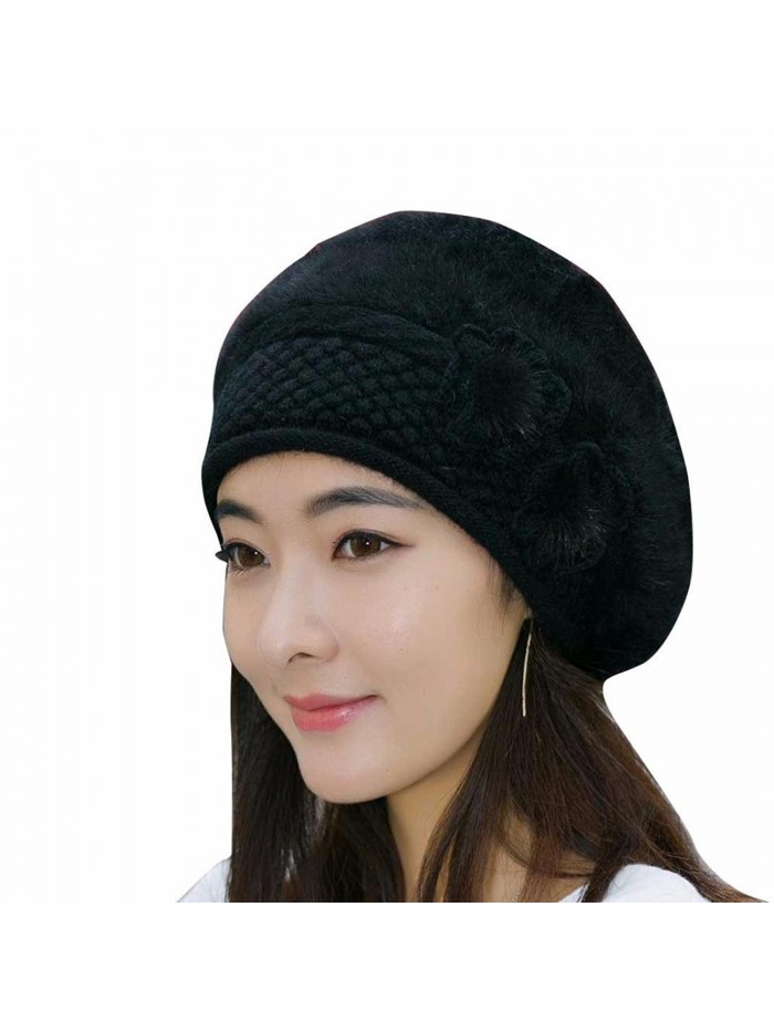 QingFan Women Crochet Winter Warm Knitting Beanie Hat Cap Beret - Black - CR187I20Z26