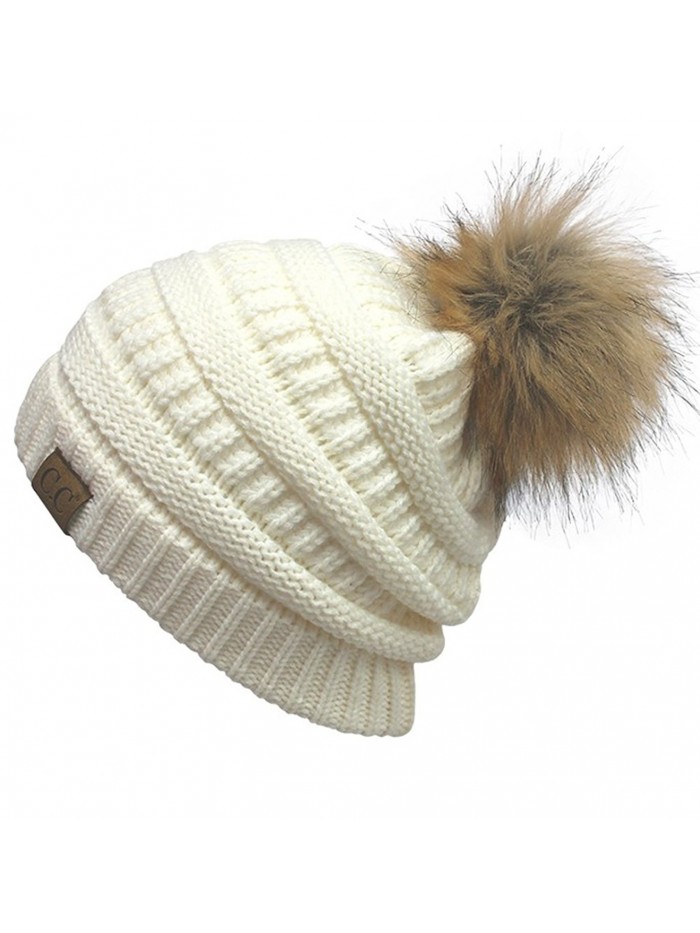 AMETS553 Knit Thick- Super Soft Fleece Lined Warm Pom Pom Beanie - White - CW189XNAI7S