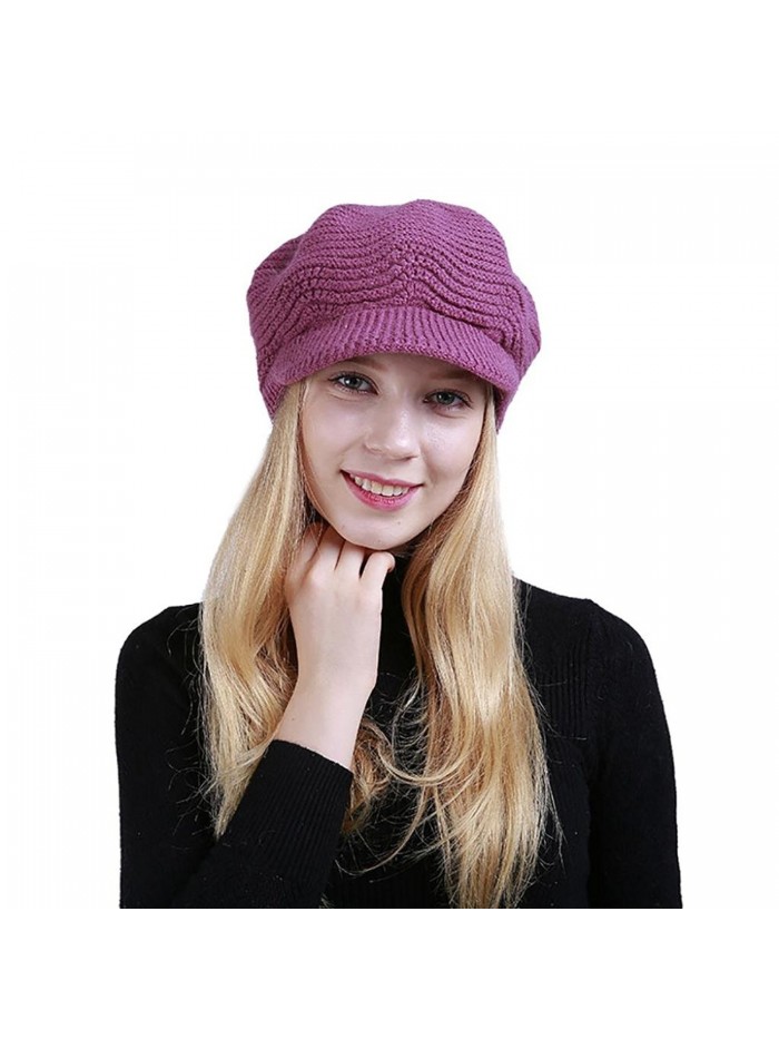 Fiaya Women Warm Crochet Wool Knit Manual Brimmed Beanie Hat Anise Cap - Hot Pink - CM188HZU92D