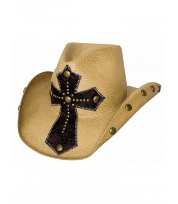 Bullhide "No Mercy" Panama Straw Western Hat with Leather Cross and Studded Brim - Pecan - CR116PAXMY1