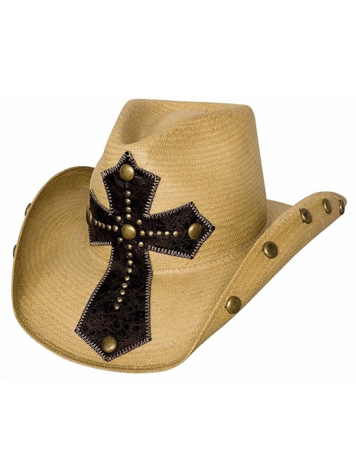 Bullhide "No Mercy" Panama Straw Western Hat with Leather Cross and Studded Brim - Pecan - CR116PAXMY1