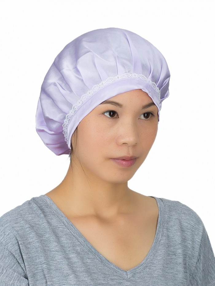 LITHER Women 100% Silk Night Cap Sleeping Hat Head Cover Bonnet For Hair Beauty - Light Purple - CB180OUYOGS