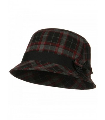 Plaid Wool Felt Cloche Hat with Bow Tie - Red Plaid - CH11FIUGXQT