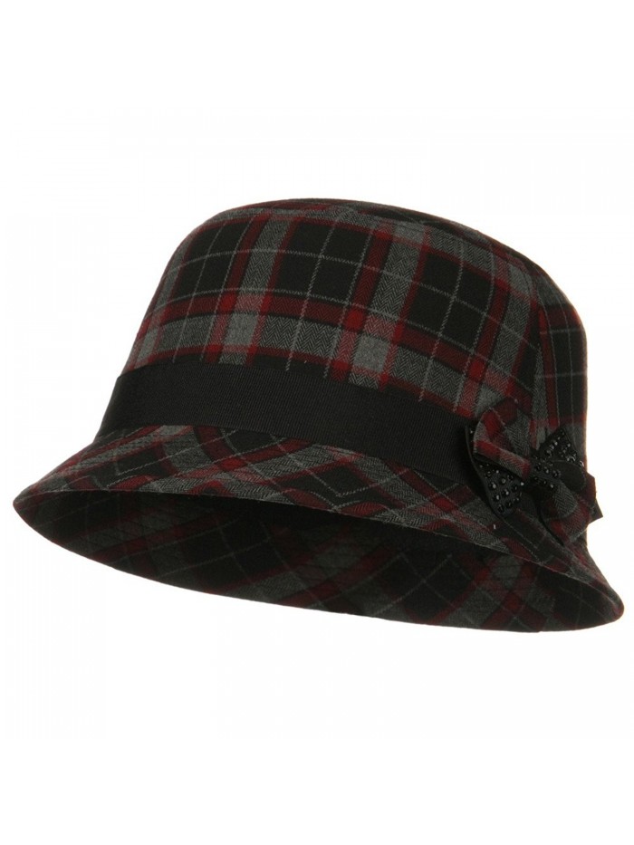 Plaid Wool Felt Cloche Hat with Bow Tie - Red Plaid - CH11FIUGXQT