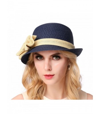 O&N Women Girls Holiday Wide Brim Bow Caps Foldable Summer Beach Sun Hat Straw Hats - Navy - CQ17XSSHWI7