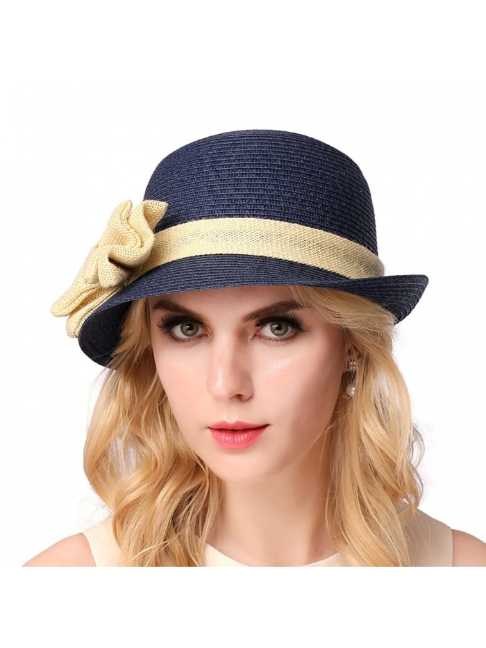 O&N Women Girls Holiday Wide Brim Bow Caps Foldable Summer Beach Sun Hat Straw Hats - Navy - CQ17XSSHWI7