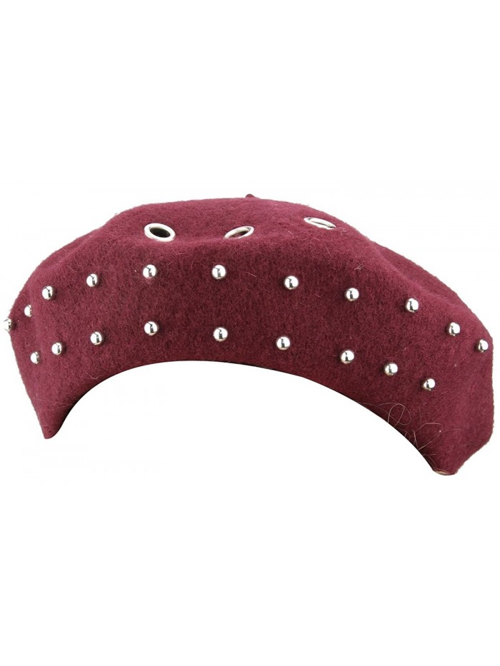 MINAKOLIFE Womens Solid Wool French Artist Beanie Beret Hat with Rivet Beret - Wine - CU186REQ9RD