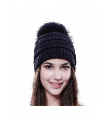 Womens Winter Slouchy Beanie Hat - Knitted Real Fur Pom Pom Hats Cap For Girls FURTALK Original - Navy Blue - C712LWBQENT