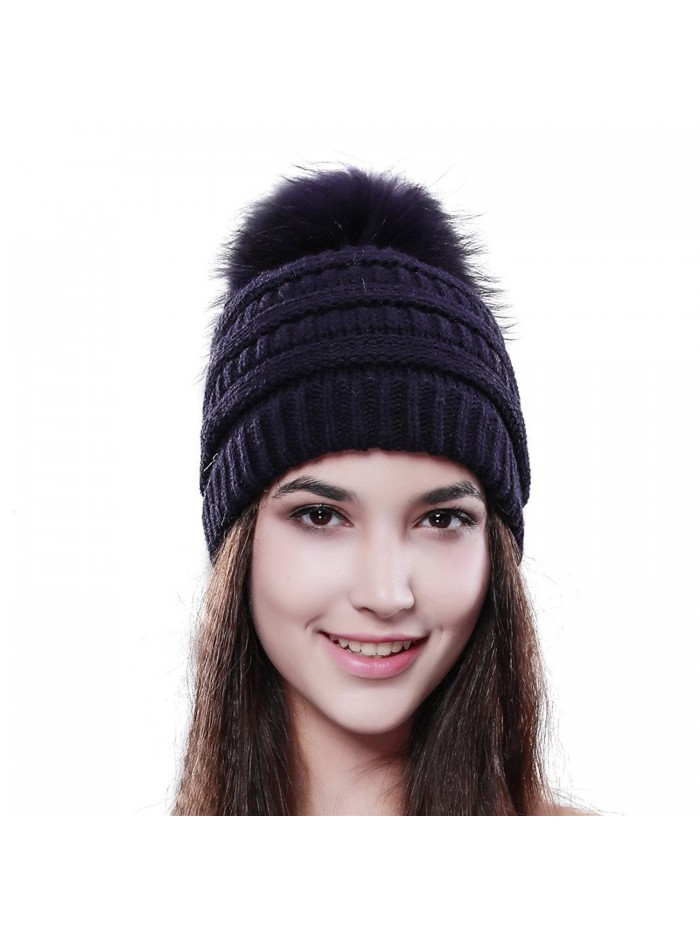 Womens Winter Slouchy Beanie Hat - Knitted Real Fur Pom Pom Hats Cap For Girls FURTALK Original - Navy Blue - C712LWBQENT