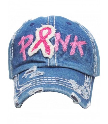 Women's Breast Cancer Awareness Pink Ribbon Logo Hope Shredded Baseball Hat Cap - Shredded Denim - CK1803M9CR3