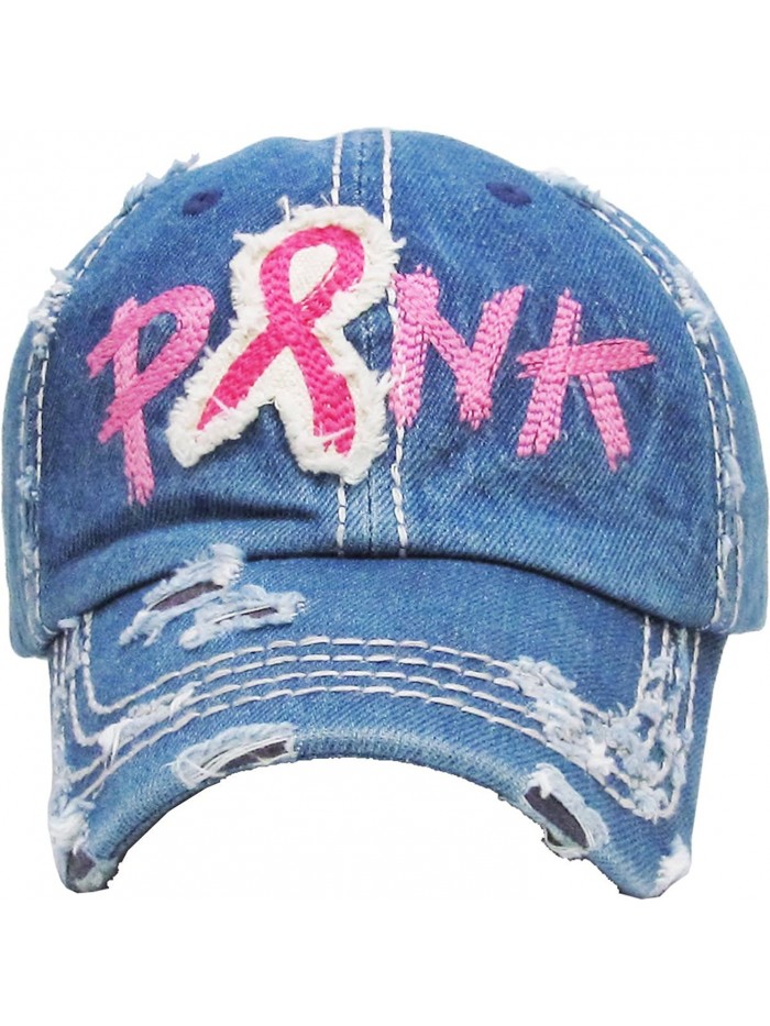 Women's Breast Cancer Awareness Pink Ribbon Logo Hope Shredded Baseball Hat Cap - Shredded Denim - CK1803M9CR3