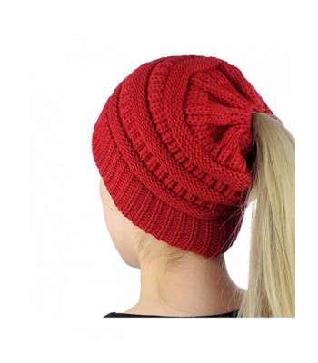 Mimgo Trendy Women Winter Knit Hat Beanie Tail Hat Ponytail Stretch High Bun Knit Hat (Red) - CE1889LE9SL