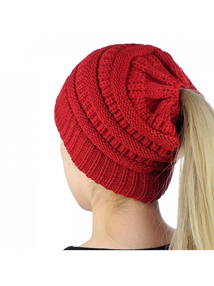 Mimgo Trendy Women Winter Knit Hat Beanie Tail Hat Ponytail Stretch High Bun Knit Hat (Red) - CE1889LE9SL