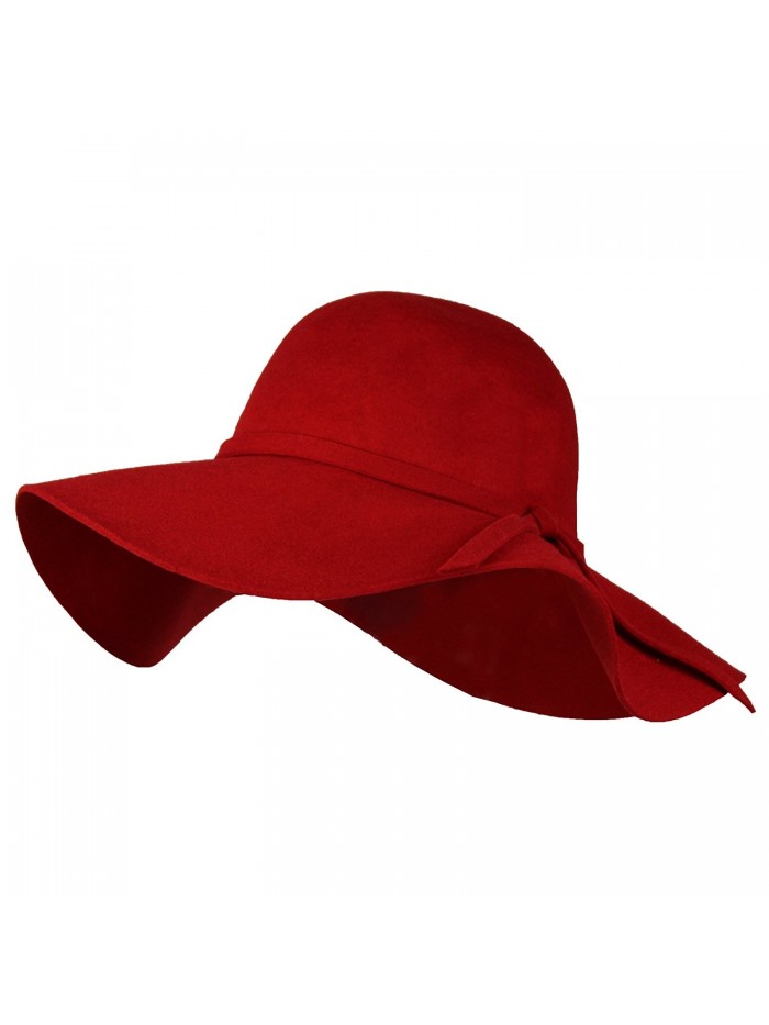 100% Wool Felt Winter Floppy Hat w/ Wide Brim - Vintage Boho Bowler Fedora - Red - CK186GQESZ6