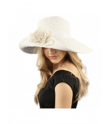 Dressy Flip Up Sequins Removable Flower Brooch Floppy Summer Derby Sun Hat - White - CW12DZX1757