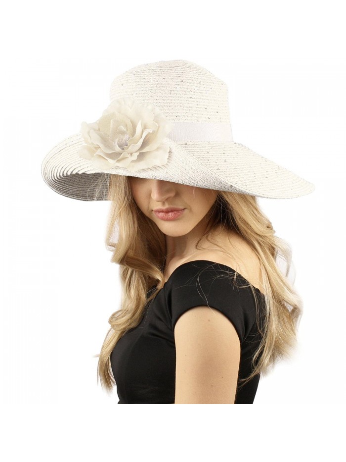 Dressy Flip Up Sequins Removable Flower Brooch Floppy Summer Derby Sun Hat - White - CW12DZX1757