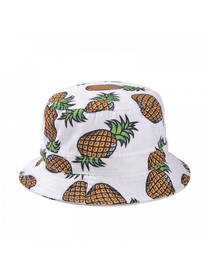 Girls Ladies Headwear Pineapple pattern Wide Rim Flat top fishing Bucket Hat Sun Hat - White - CH17YT2577K