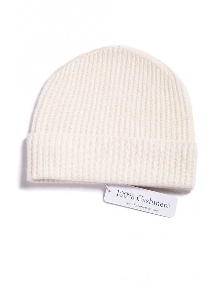 Fishers Finery Women's 100% Pure Cashmere Ribbed Cuffed Hat Ultra Plush - Cream - C111SMWMSDH