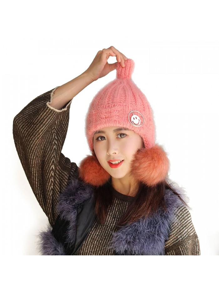 CoolLifes Winter Warm Knitted Beanie Hat Fleece Lining Double Pom Pom Windproof Earflaps Girls Women - Pink - CP1897IN443