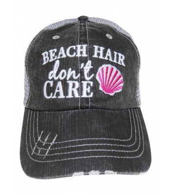 Embroidered "Beach Hair Don't Care" Distressed Look Grey Trucker Baseball Cap - Hot Pink Shell - CN12IL0QDEJ