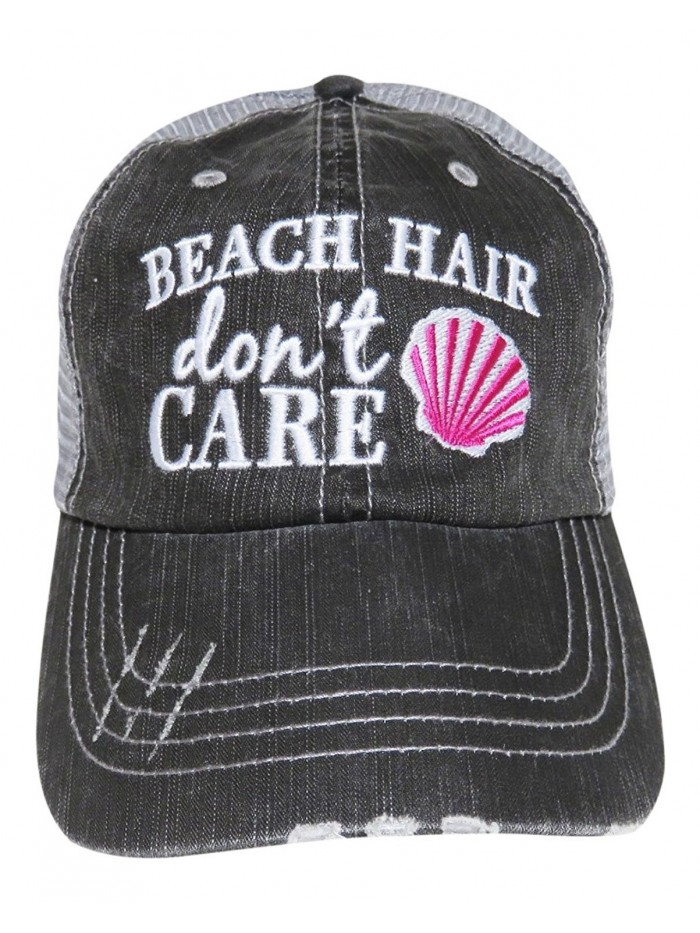 Embroidered "Beach Hair Don't Care" Distressed Look Grey Trucker Baseball Cap - Hot Pink Shell - CN12IL0QDEJ