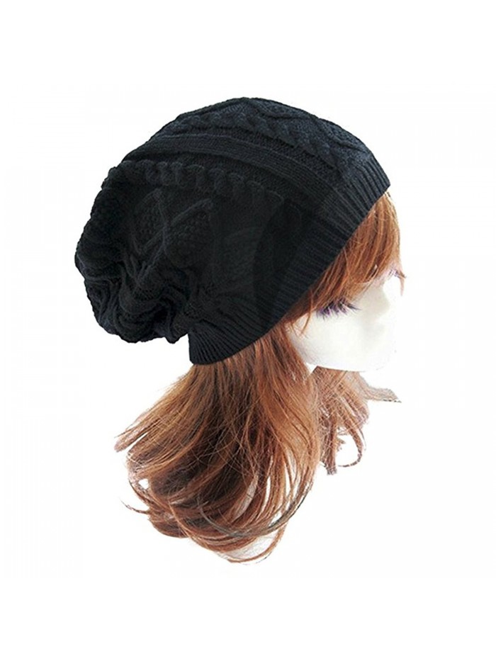 FuzzyGreen Slouchy Twist Oversized Chunky Soft colorful Knitted Juniors Beanie Woman Cap Hat - Black - CW183W7T7CH