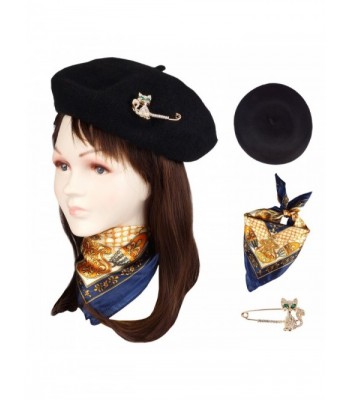 Jeicy Wool Beret Hat Solid Color French artist Beret With Skily Scarf and Brooch - Black - CB1883RE33D