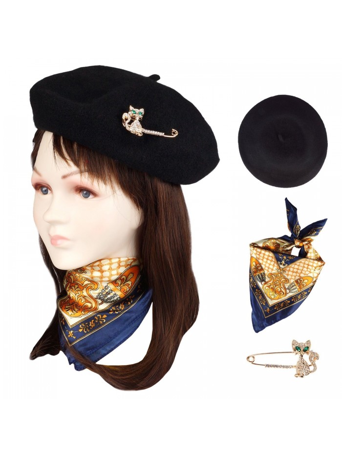 Jeicy Wool Beret Hat Solid Color French artist Beret With Skily Scarf and Brooch - Black - CB1883RE33D