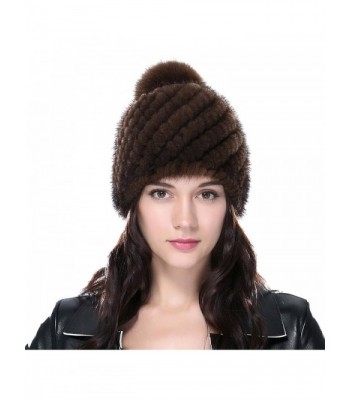 URSFUR Women's Knit Mink Beanie with Fox Pom Pom Mutiple Color - Coffee - C61269IO7XT