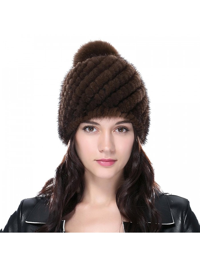 URSFUR Women's Knit Mink Beanie with Fox Pom Pom Mutiple Color - Coffee - C61269IO7XT