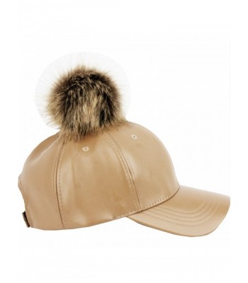 Faux Leather 6 Panel Pom Pom Baseball Cap - Khaki - C312BUS6W9Z