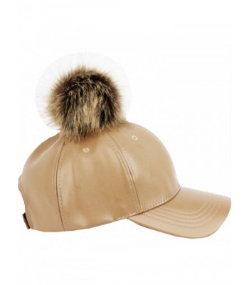 Faux Leather 6 Panel Pom Pom Baseball Cap - Khaki - C312BUS6W9Z