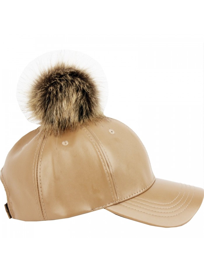 Faux Leather 6 Panel Pom Pom Baseball Cap - Khaki - C312BUS6W9Z