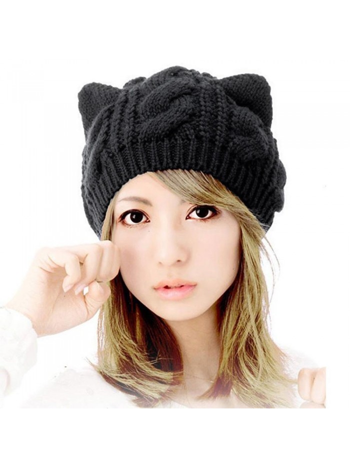 Women Hat - Knit Faux Fur Beanie Cat Ears Hat Caps for Women - C2188YG4E4U