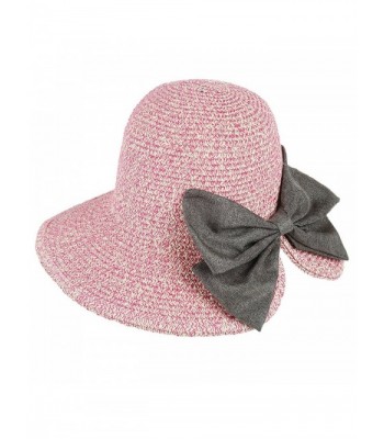 ICSTH Womens Floppy Summer Sun Beach Straw Hat With Big Bow Back UPF50 Foldable Wide Brim Hat - Pink - C9185I9E7OI